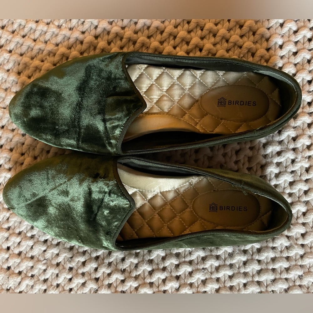 Birdies, green velvet slippers